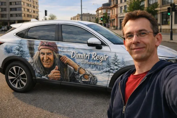 Autowerbung mit vollflächigem Fahrzeugwrap und Portrait Grafik
